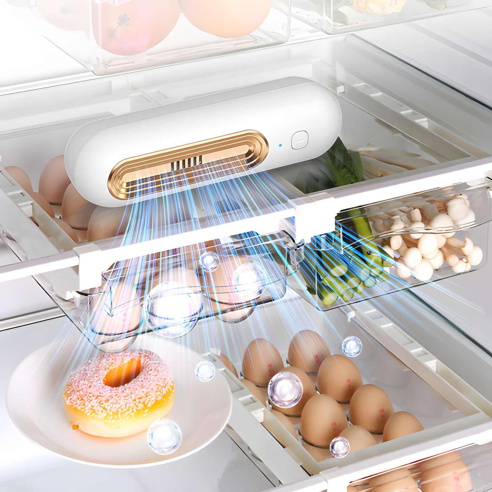 A white refrigerator air circulator with a gold grille is shown inside a refrigerator, with blue graphic lines indicating airflow over eggs, vegetables, and a donut on a plate.