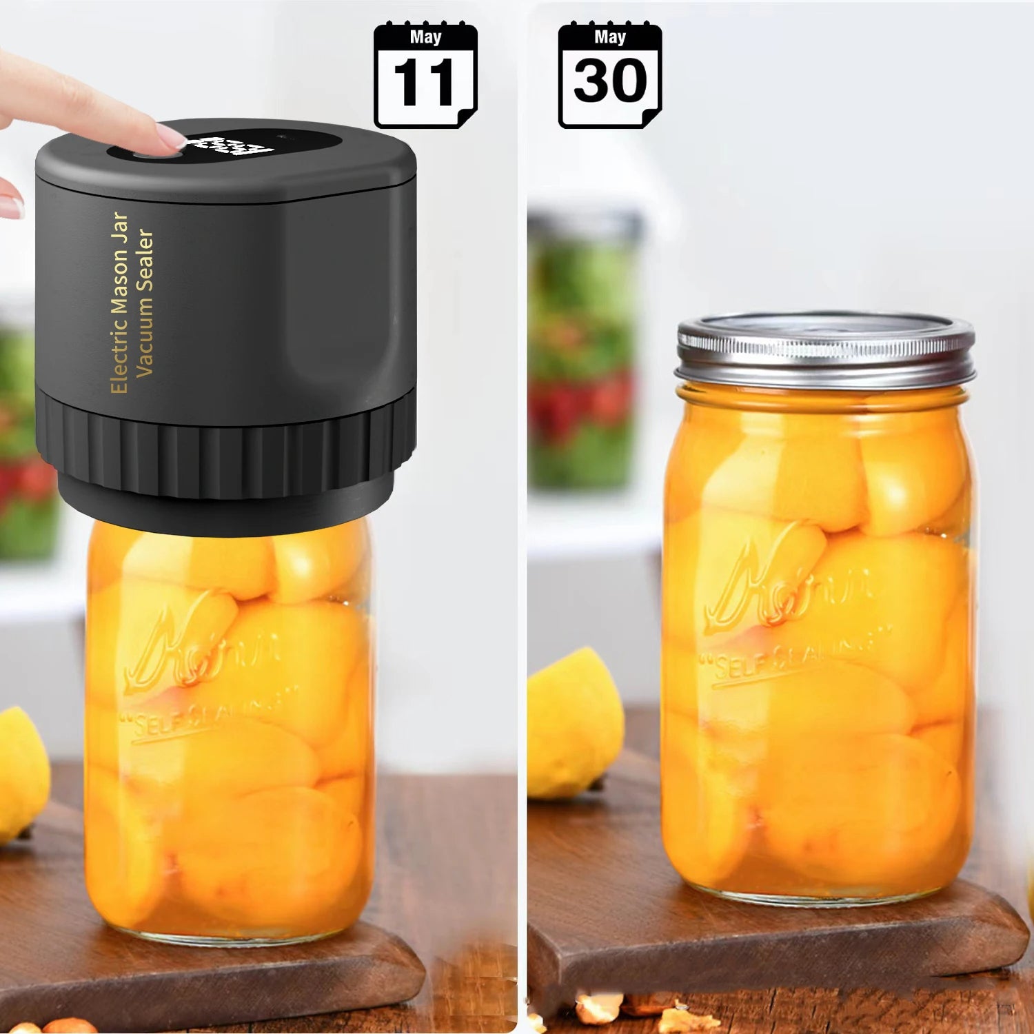 Electric Mason Jar Vacuum Sealer being used on a jar of peaches with dates displayed.