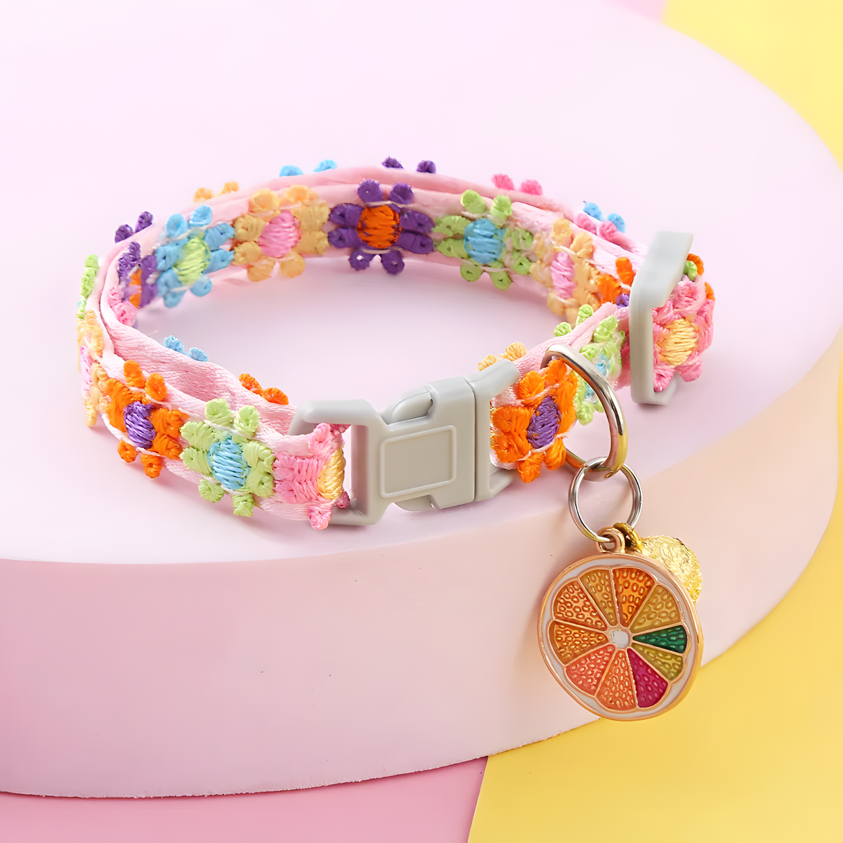 Colorful Floral Cat Collar, Adjustable Buckle, Bell & Charm