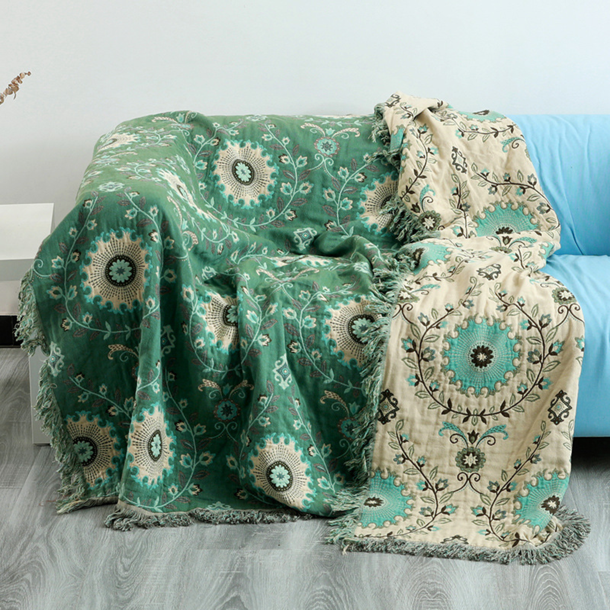 Reversible Medallion Throw Blanket with Fringed Edges