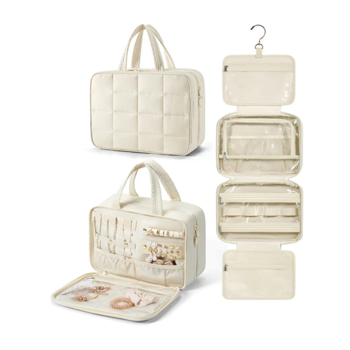Quilted Hanging Toiletry Bag with Separate Jewelry Organizer