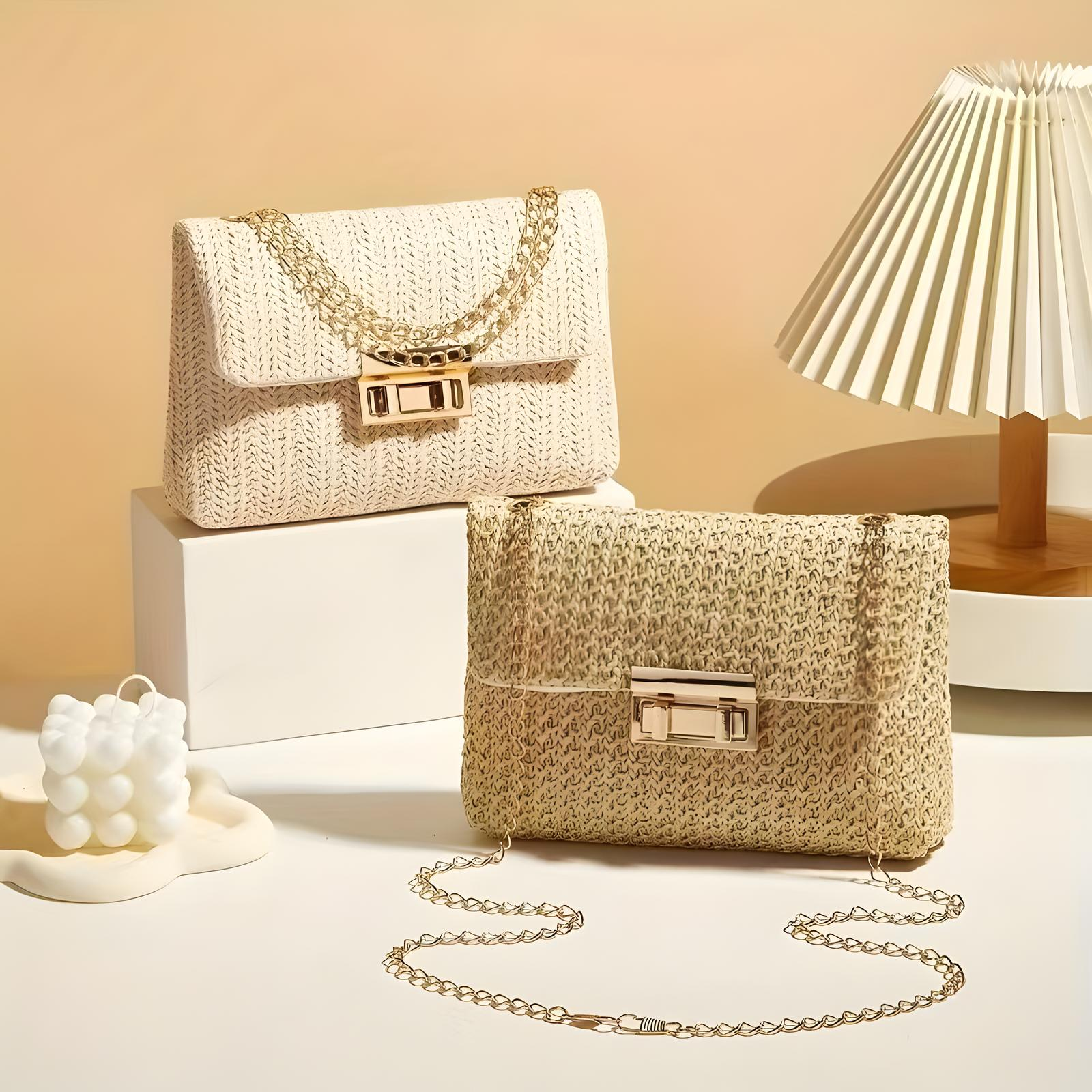 Straw Crossbody Bag with Gold Chain & Turn Lock
