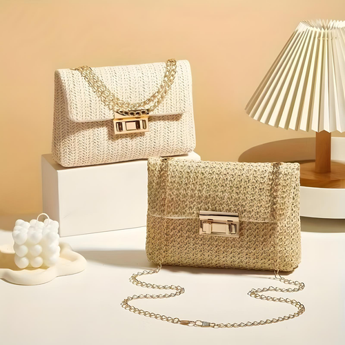 Straw Crossbody Bag with Gold Chain & Turn Lock