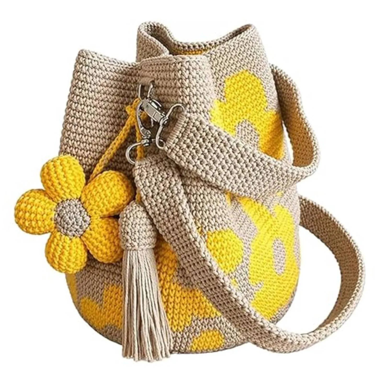 Crocheted bag with yellow flower designs on a white background