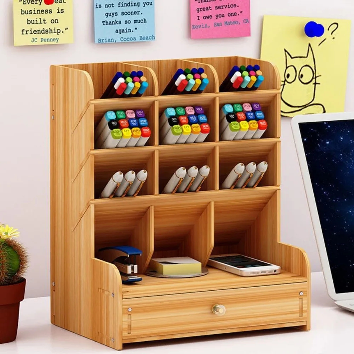 Wooden Desk Organizer with Sloped Pen Compartments and Drawer