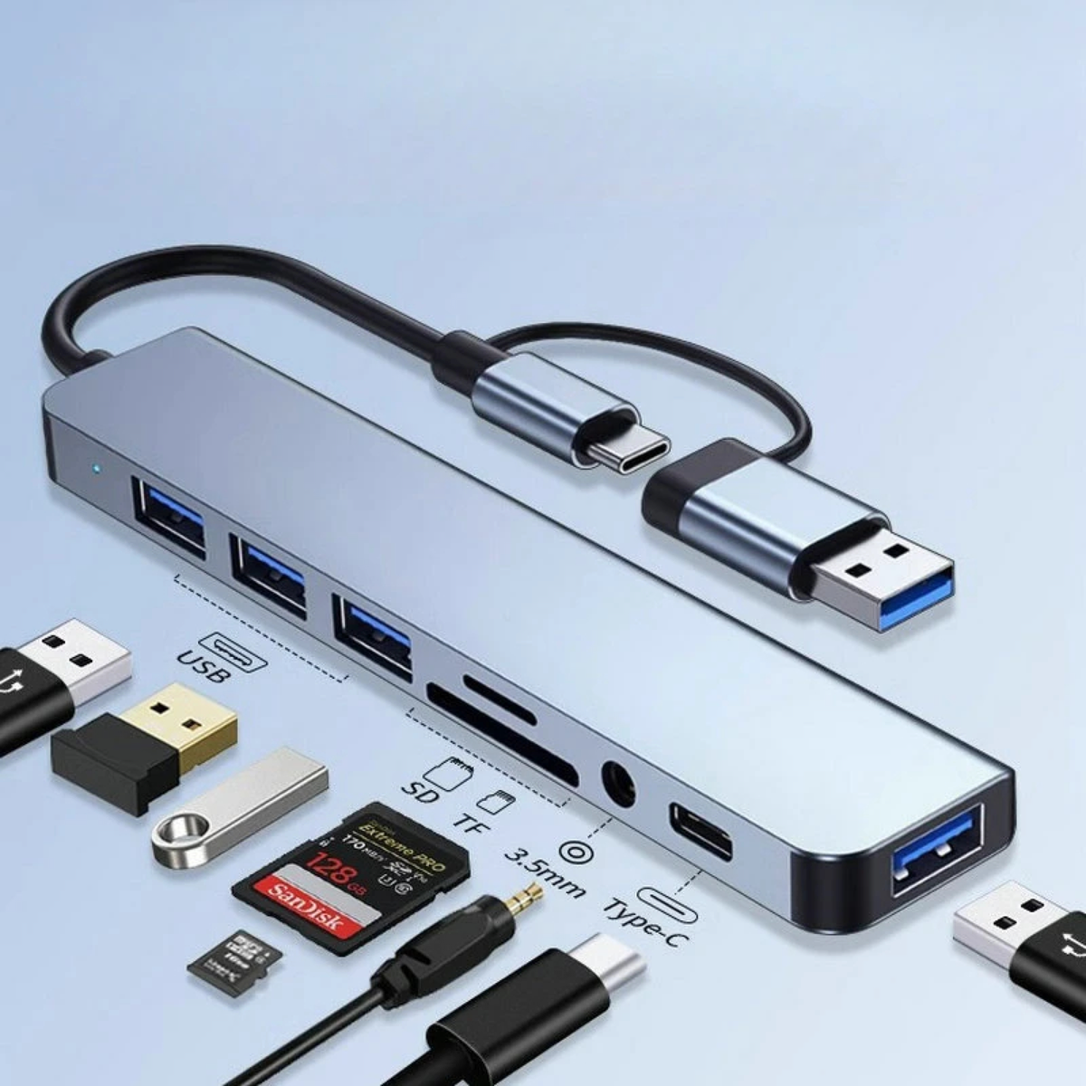 Dual-Connector 8-in-1 USB Hub for a Flexible Desk Setup