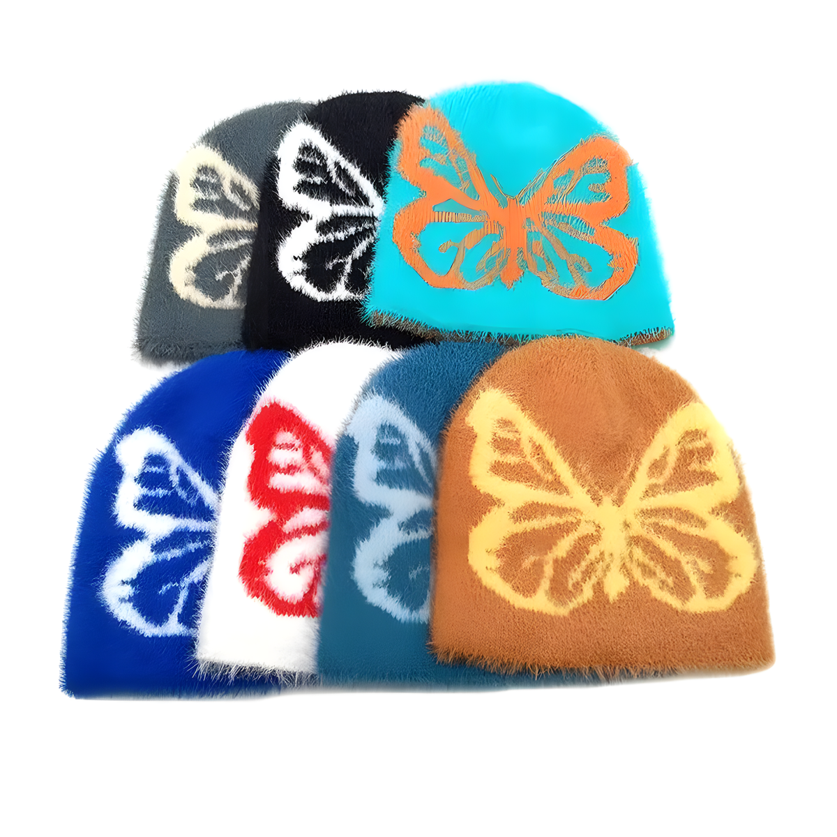 Fuzzy Butterfly Knit Beanie with Contrast Motif in Seven Colors
