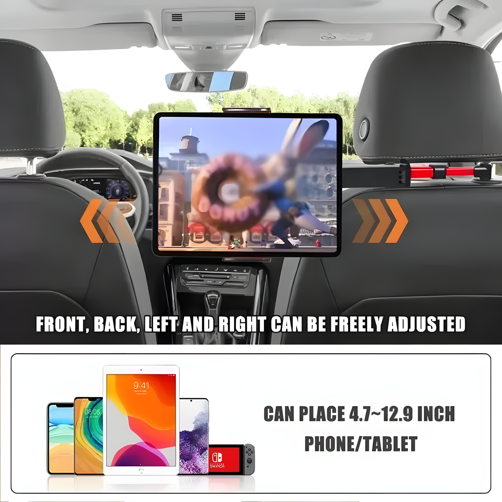 Foldable Car Headrest Tablet Holder – Adjustable 4.7–12.9"