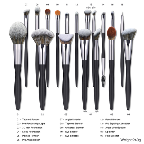16-Piece Black Makeup Brush Set with Rhinestone Case