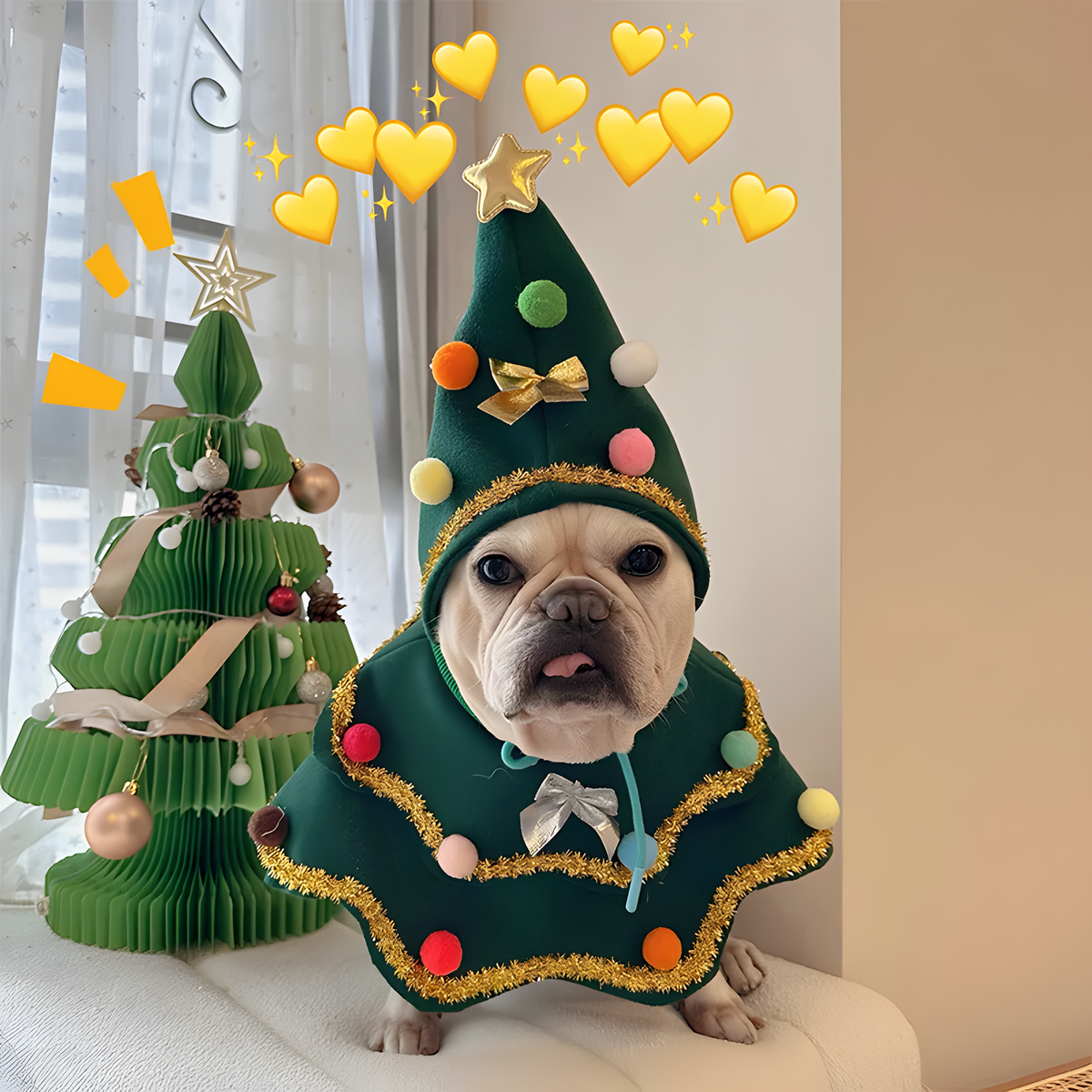 Christmas Tree Pet Costume, Matching Pom-Pom Hat and Cape