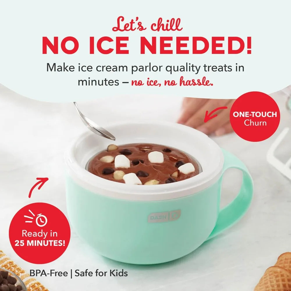 A mint green and white microwave hot chocolate mug with a handle, shown with chocolate and marshmallows inside. The image features promotional text overlays including 'Let's chill NO ICE NEEDED!' and 'ONE-TOUCH Chum'.