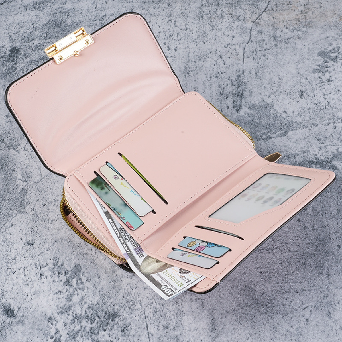 Gold-Clasp Foldover Wallet with Zip Section and Card Slots