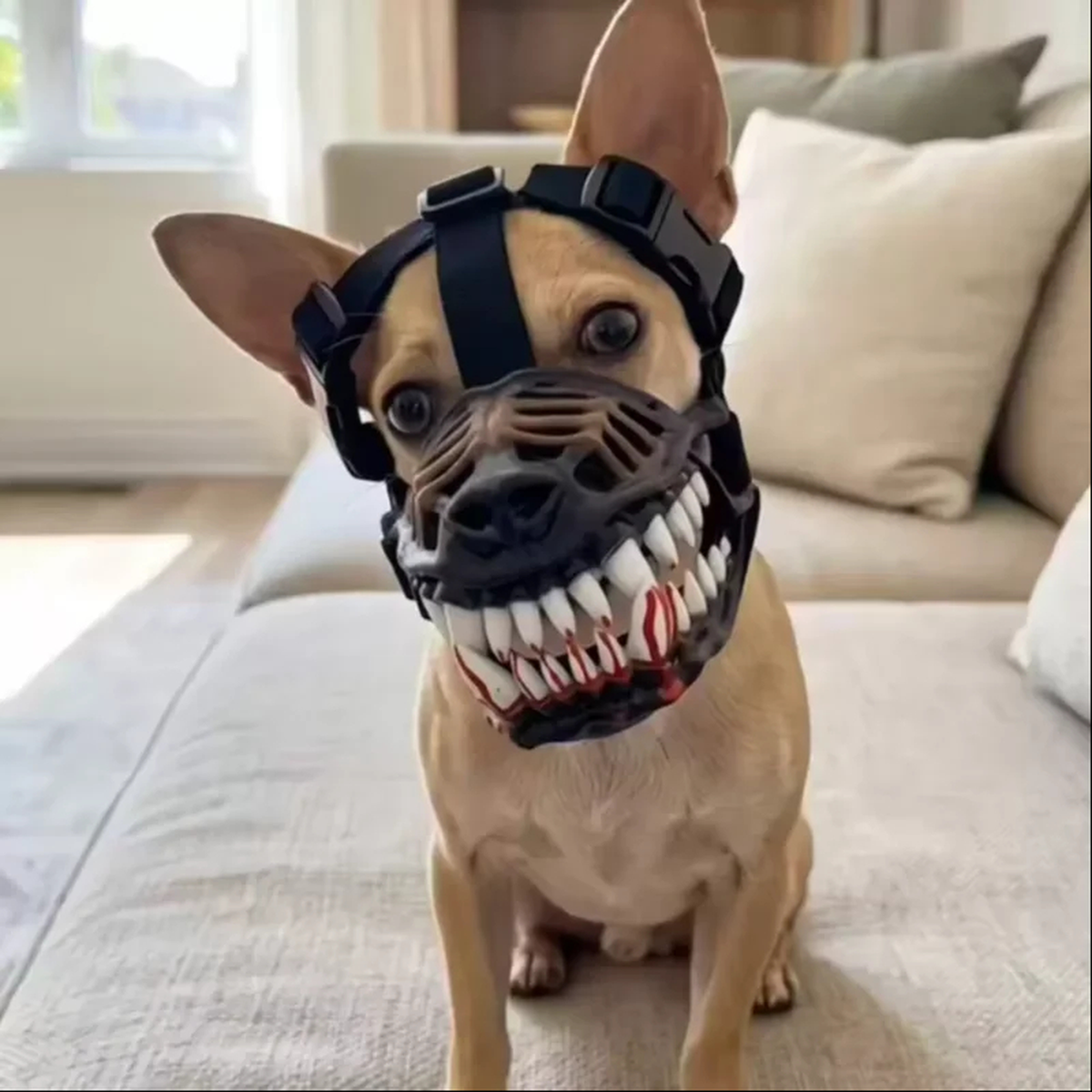 A small tan dog wearing a black muzzle with a novelty teeth design, sitting on a light beige couch in a bright living room.