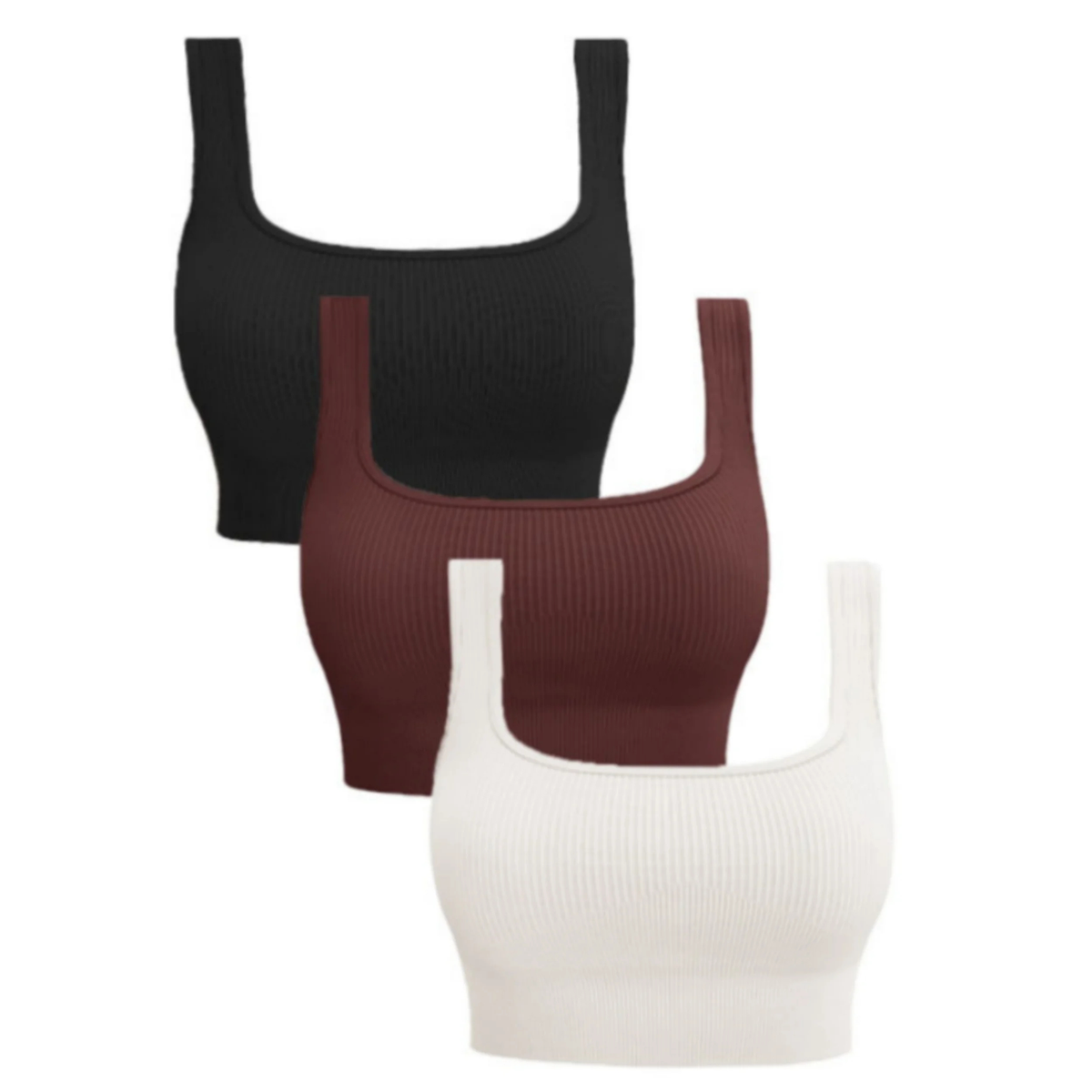 Women's Ribbed Yoga Sports Bra with Wide Straps and Scoop Neck