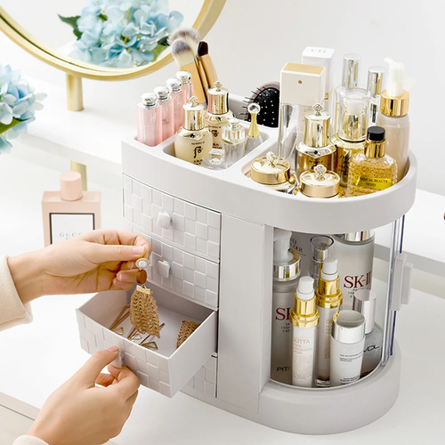 Rotating Makeup Organizer with Drawers 4-Tier White 32.5cm