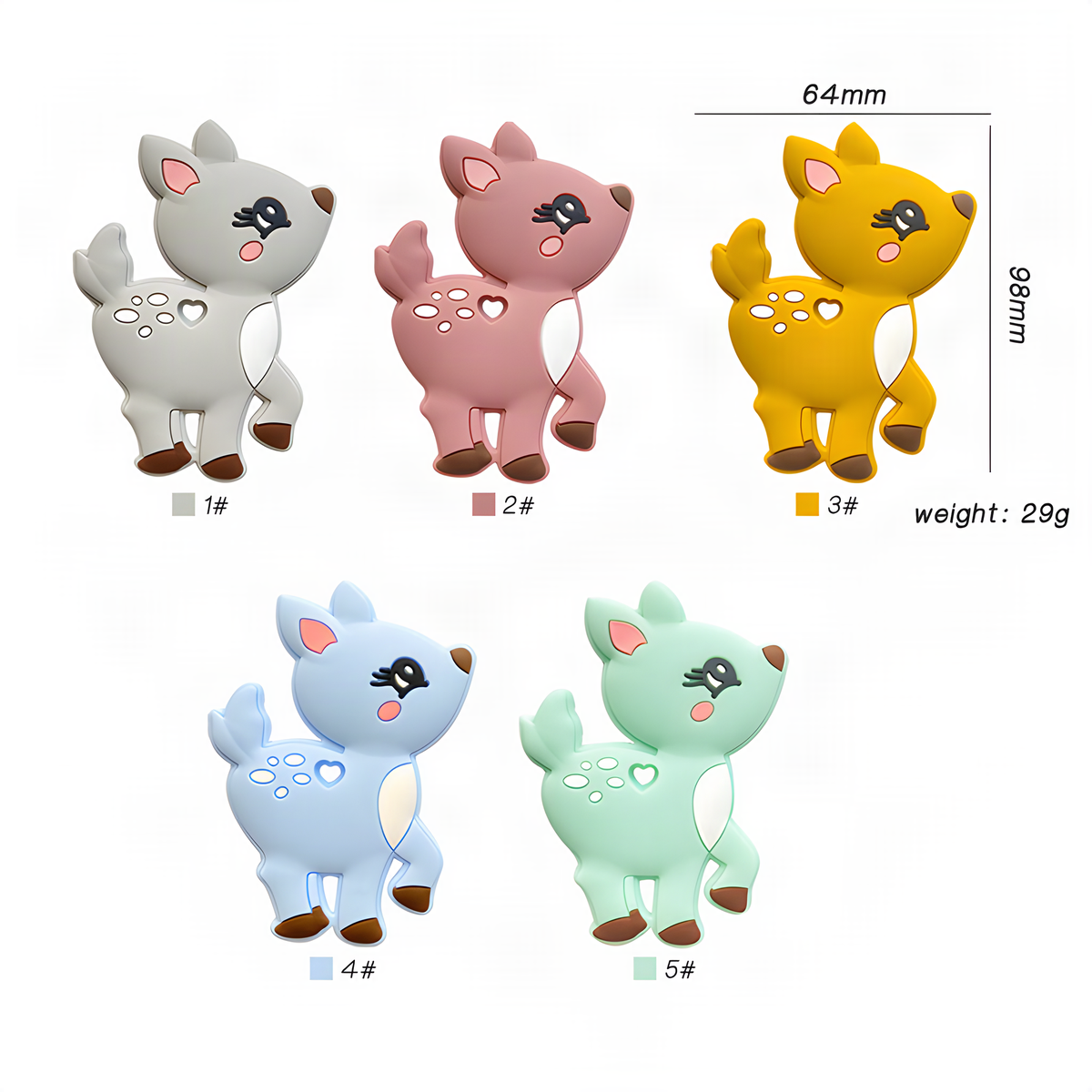 Silicone Deer Baby Teether with Rounded Edges in Five Colors