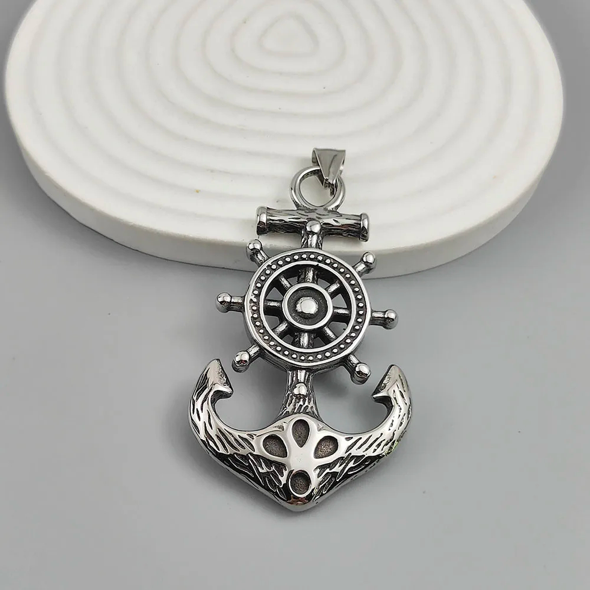 Silver-Tone Anchor Pendant, Nautical Ship Wheel Detailing