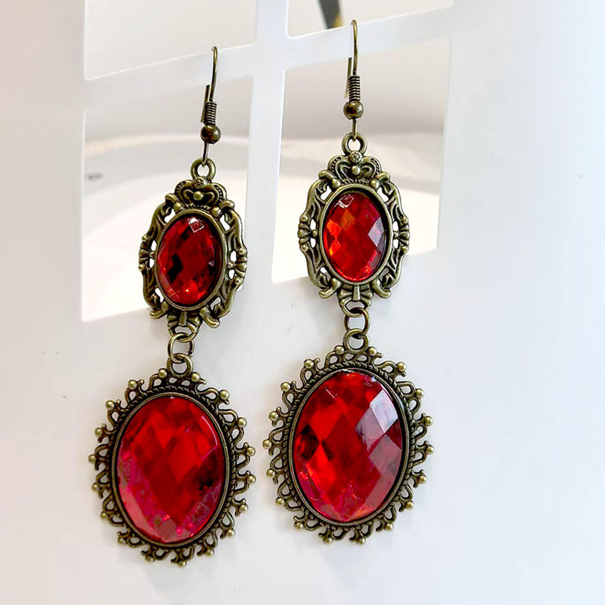 Gothic Lace Choker and Earrings, Red Stone, Antique Metal