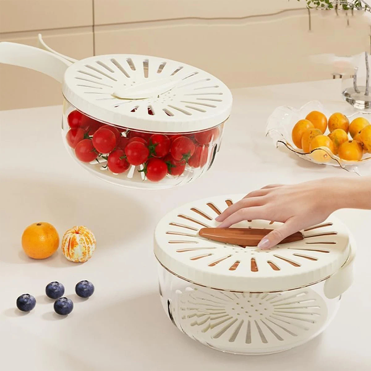 Fruit Rinse and Storage Bowl with Rotating Drain Lid and Handle