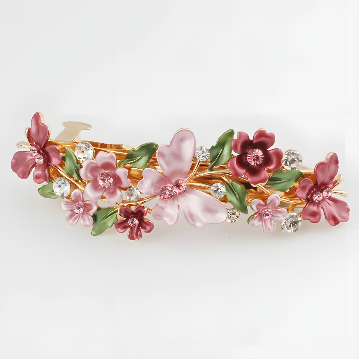 Floral Enamel Barrette with Rhinestone Accents and Gold Tone