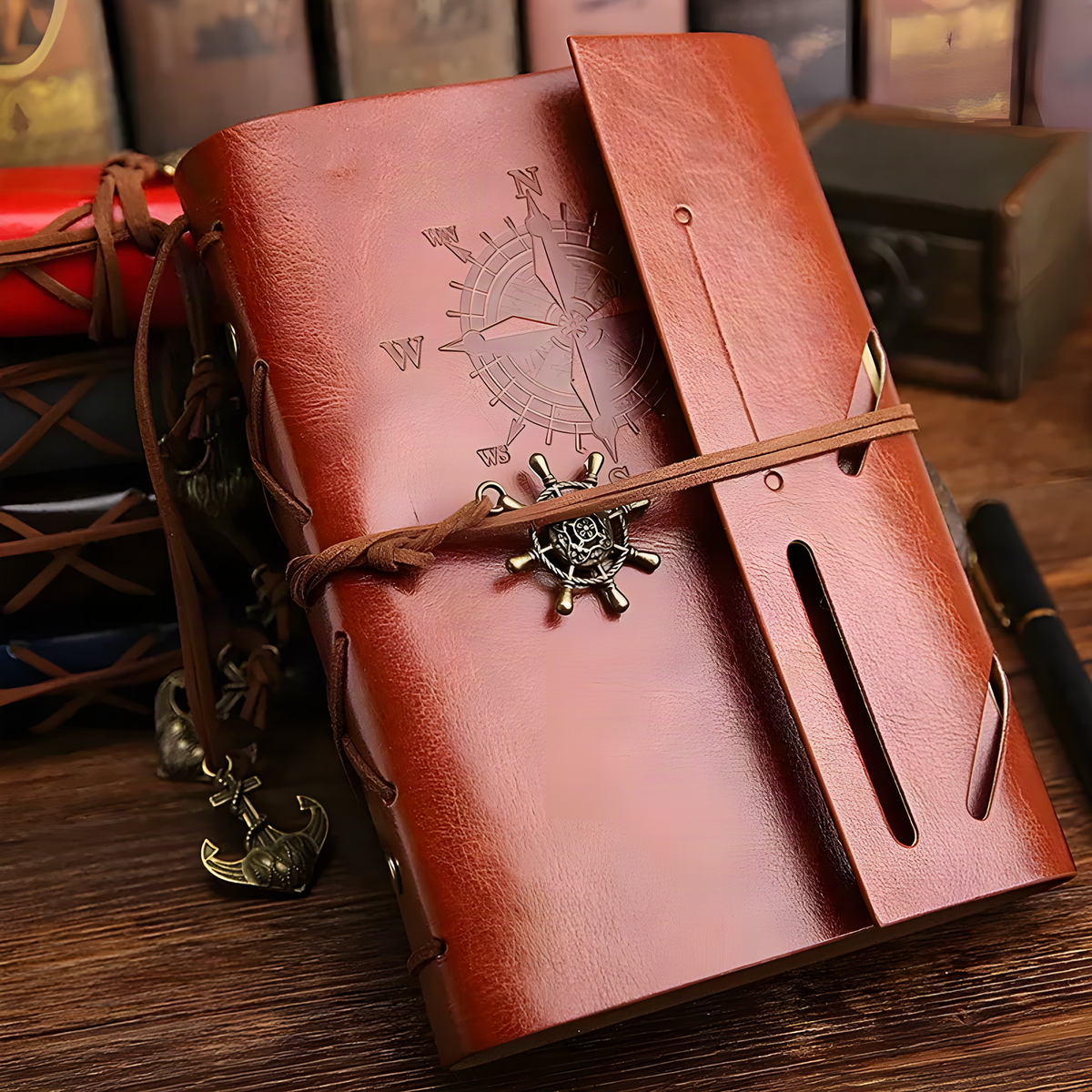 Compass Loose-Leaf Travel Journal with Tie and Wheel Charm
