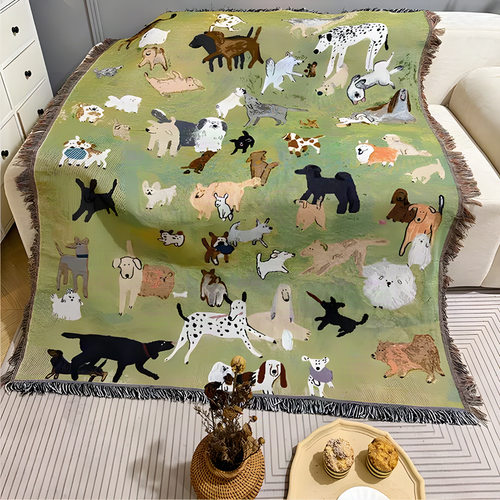 Illustrated Woven Throw Blanket with Fringe, 130 x 160 cm