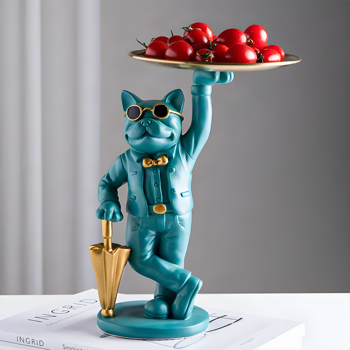 Teal Bulldog Tray Figurine with Gold-Tone Details for Decor