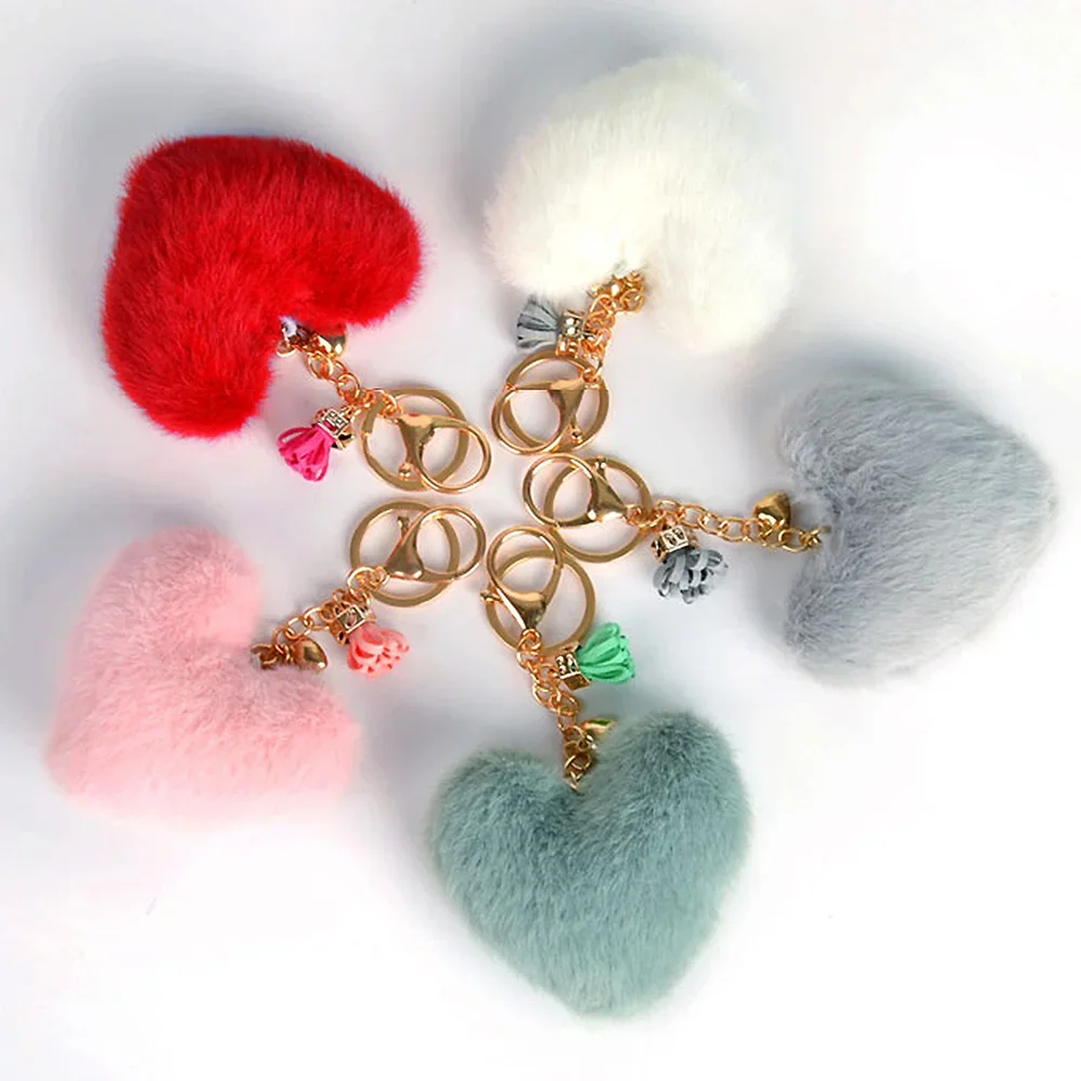 Fluffy Heart Keychain Charm with Tassel and Gold-Tone Clasp