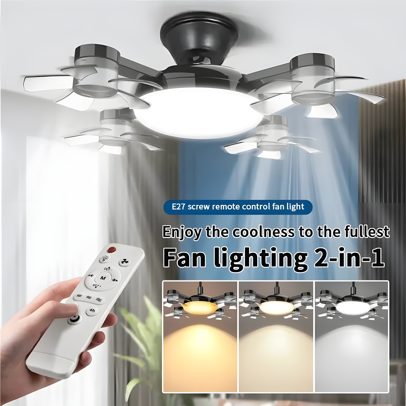 A ceiling fan light with multiple blades and a central dome-shaped light, shown installed in a room. A hand holds a white remote control in the lower left, and text overlays describe the product features.