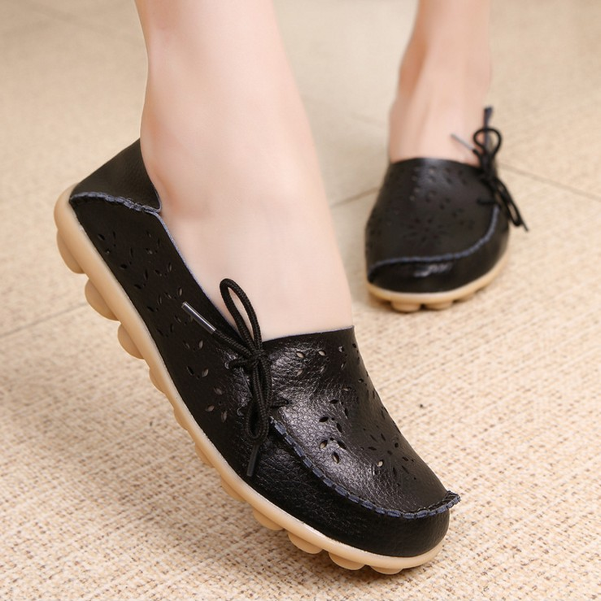 Women's Perforated Lace-Up Casual Shoes with Flat Sole