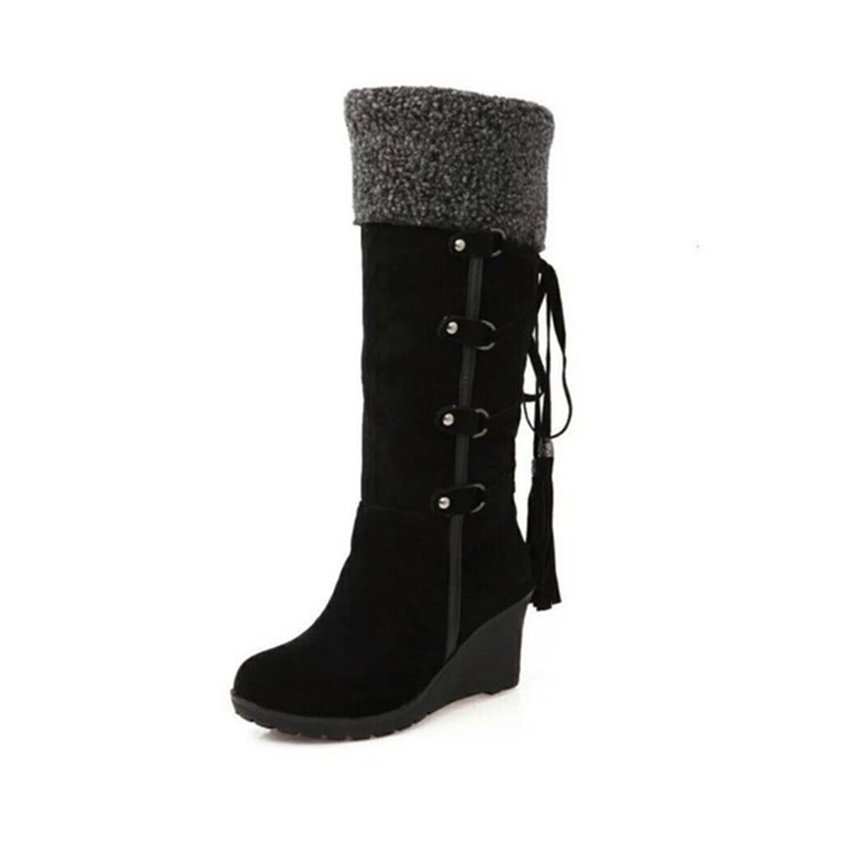 Women's Knee-High Winter Wedge Boots with Plush Fold-Over Cuff