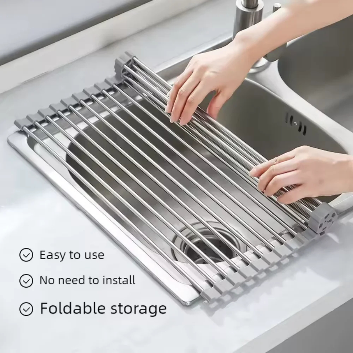 Roll-Up Over-Sink Dish Drying Rack, 47cm Stainless Steel