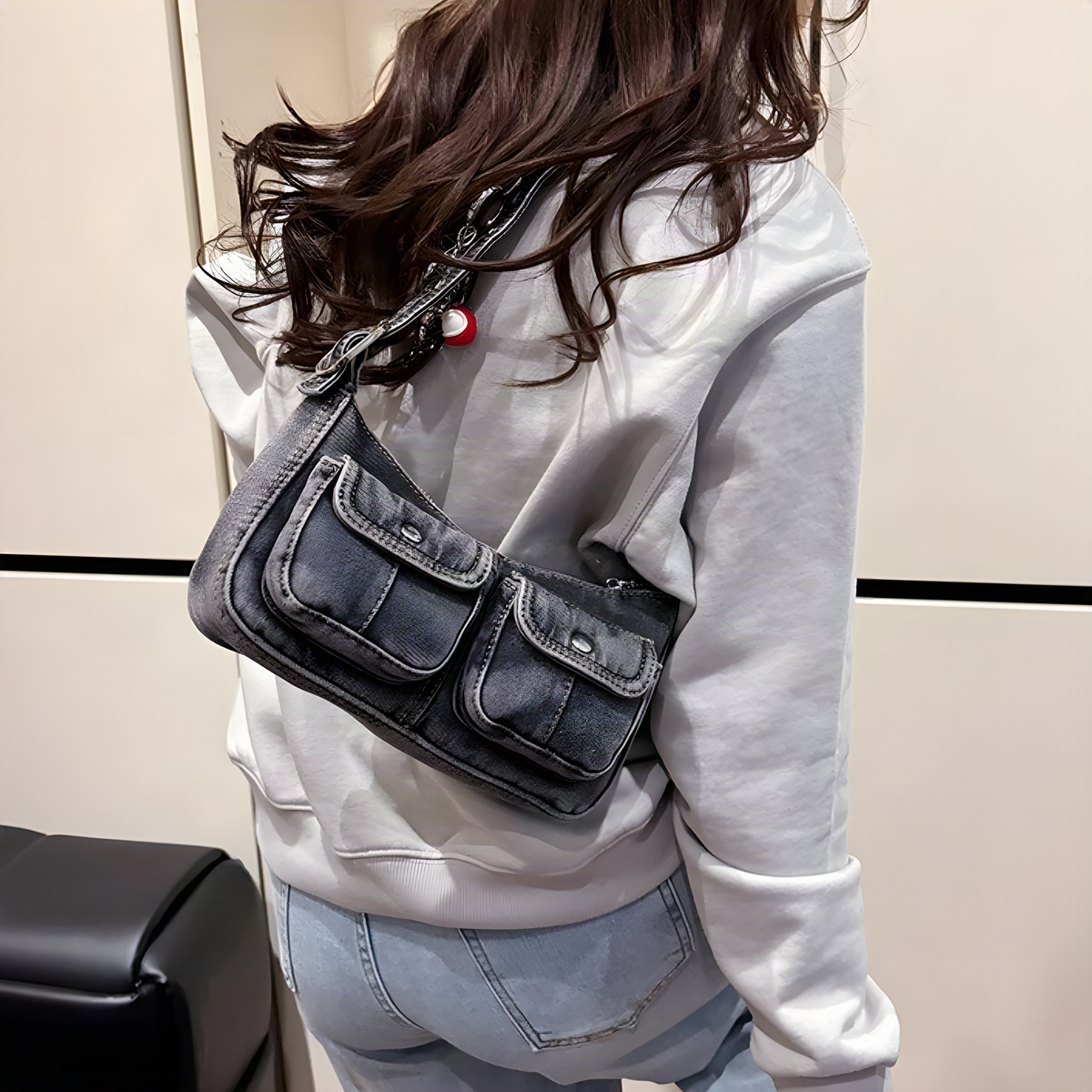 Denim Baguette Shoulder Bag with Twin Pockets and Charm Detail