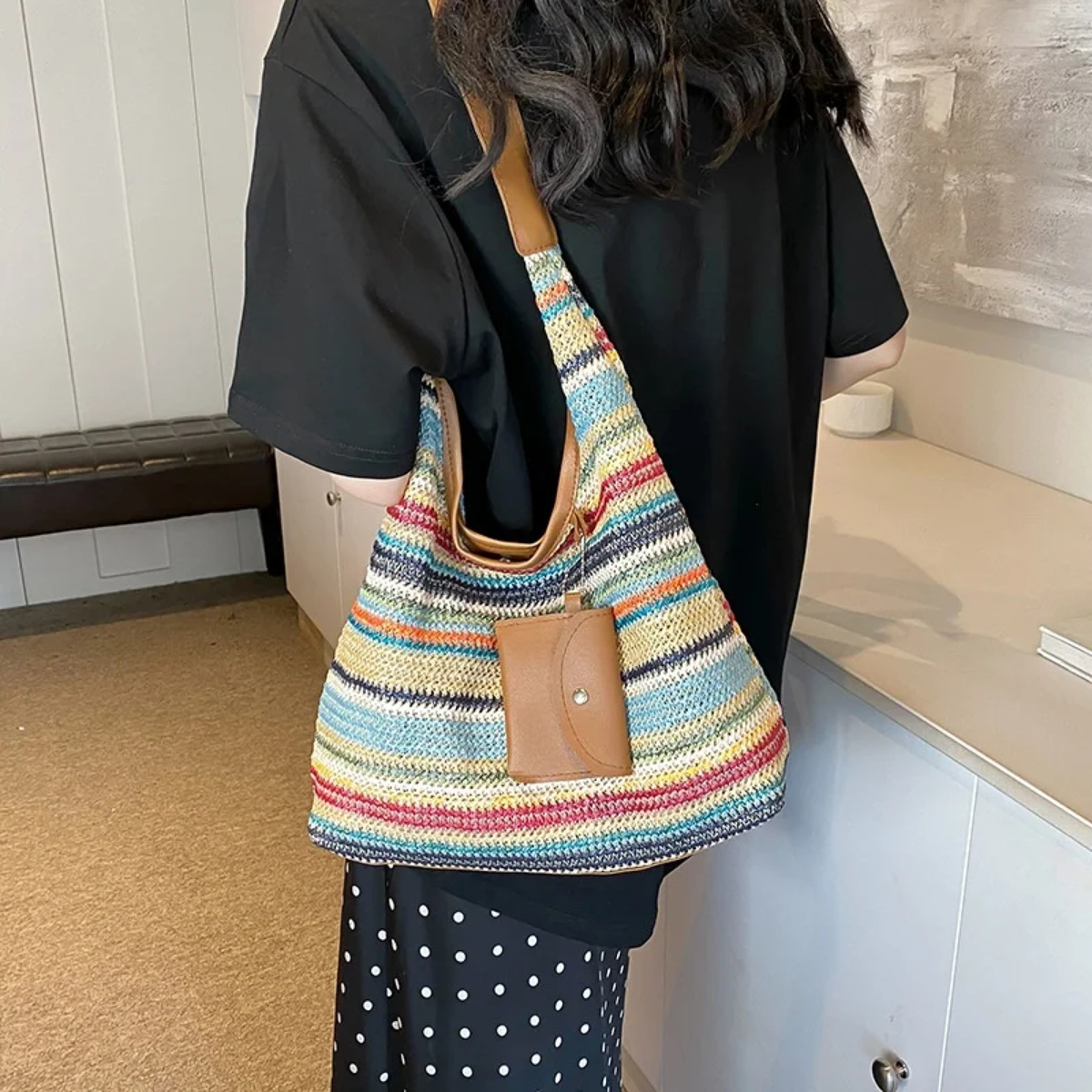 Crochet Hobo Shoulder Bag with Stripes and Front Flap Pocket