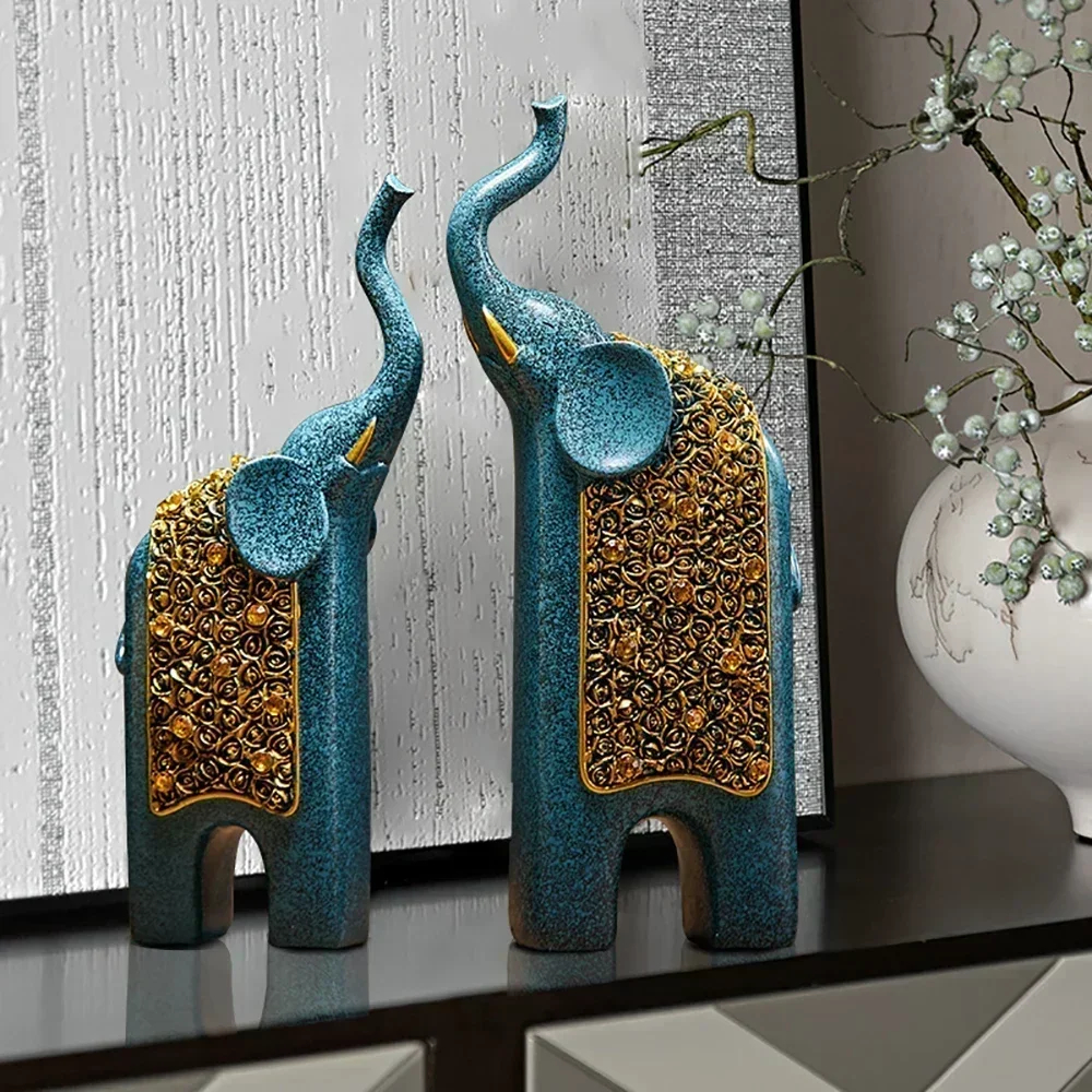 Blue & Gold Elephant Figurine Pair Raised Trunk Home Decor