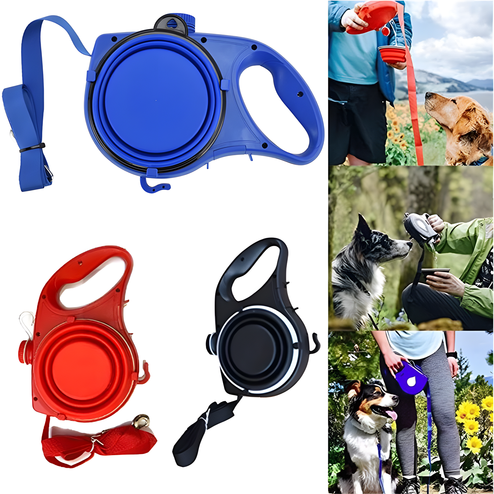 Dog Leash with Built-In Water Bottle Dispenser Red Blue Black