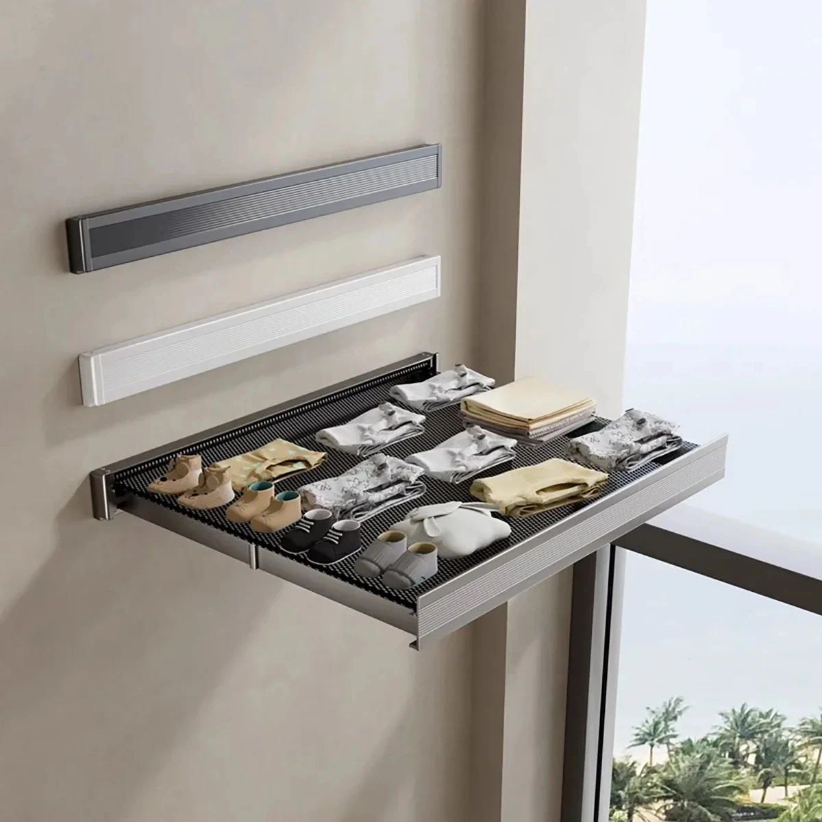 Wall-Mounted Folding Clothes Drying Rack with Multiple Rails