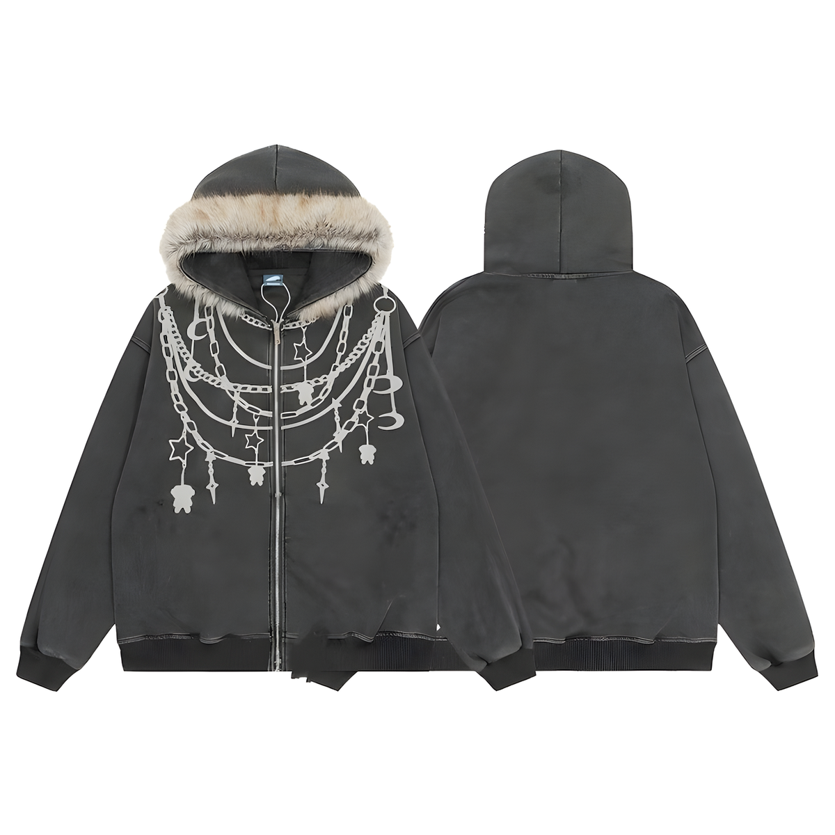 Zip-Front Hooded Jacket with Plush Collar and Chain Print
