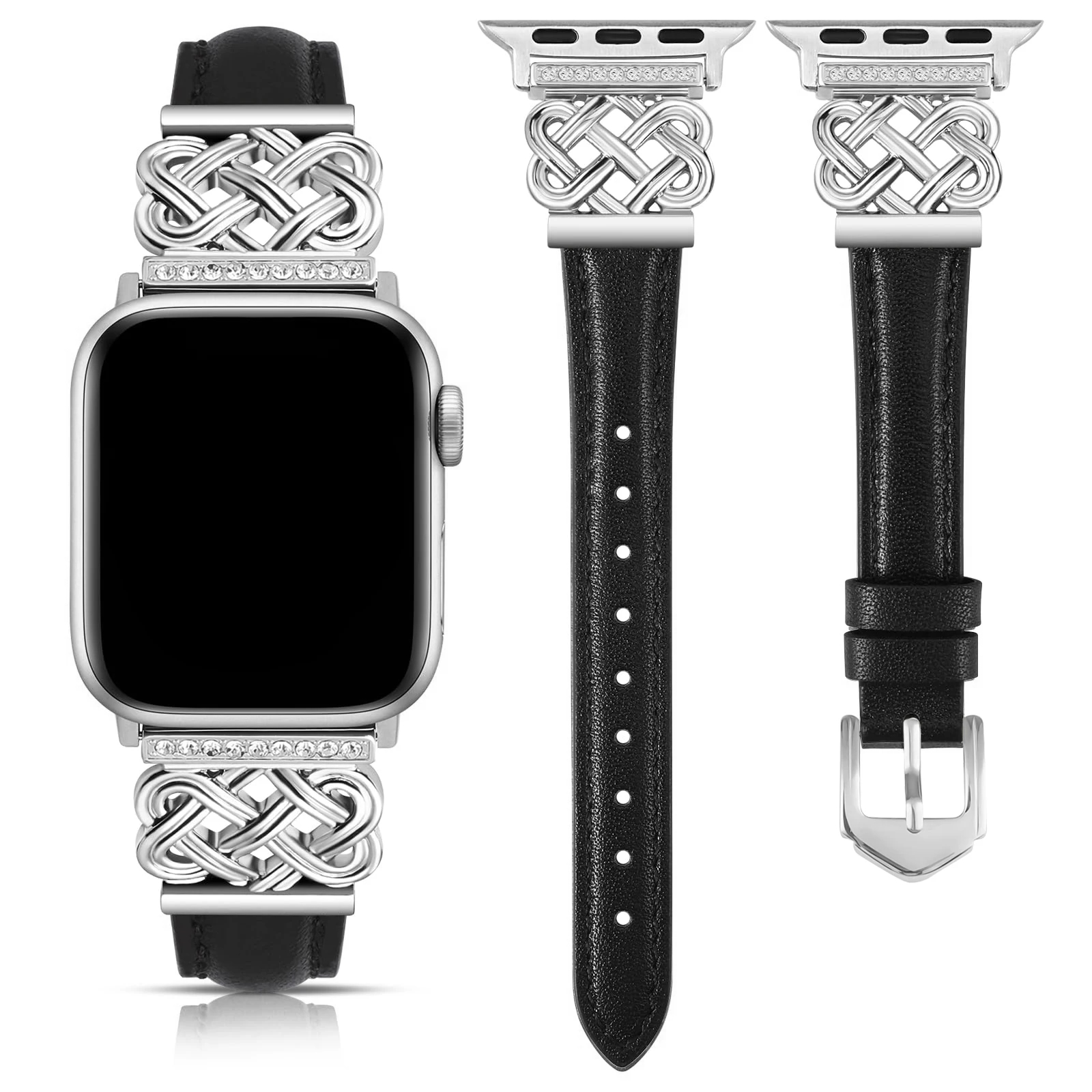 Jeweled Knot Leather Apple Watch Band with Stone Detail