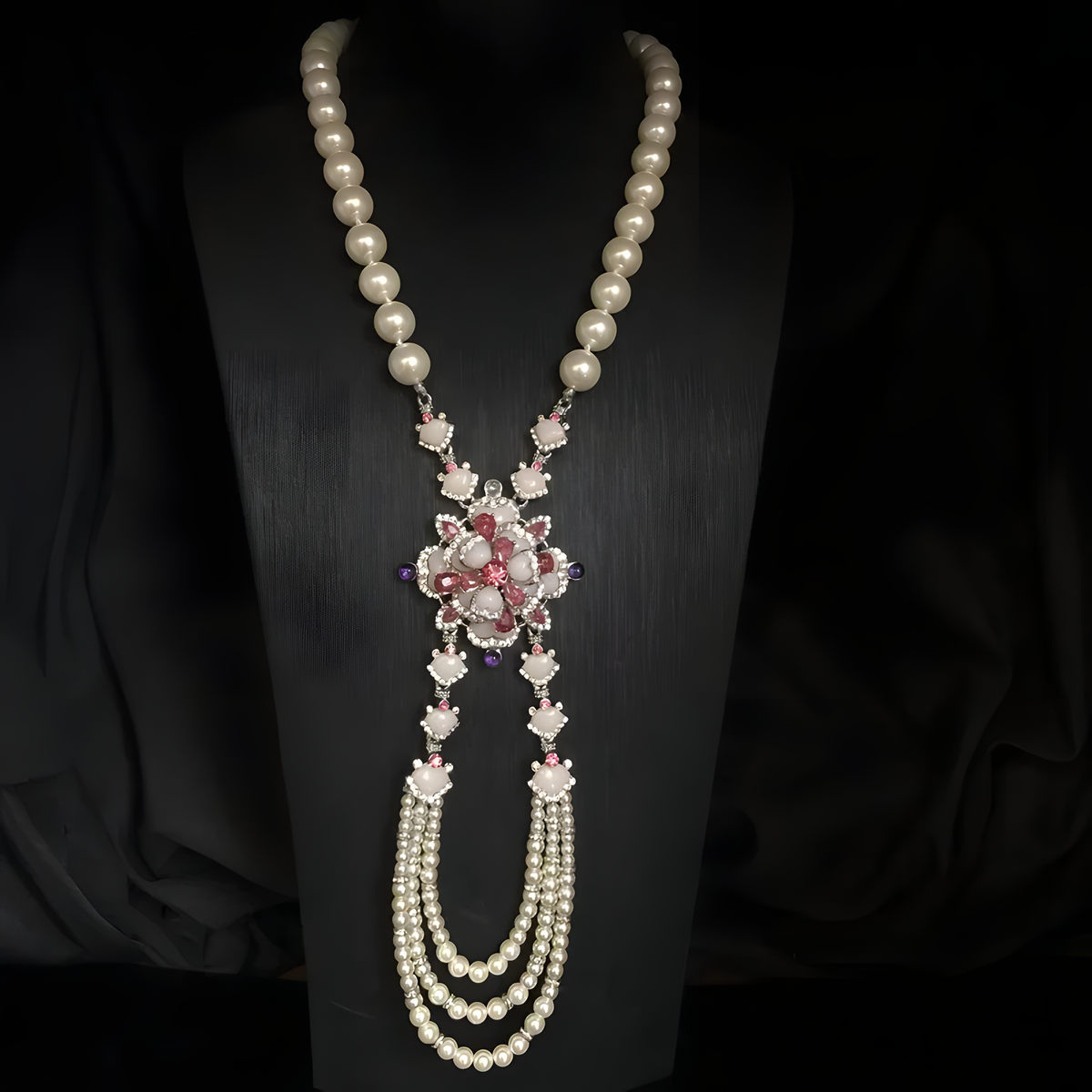 Floral Tassel Jewelry Set, Pearl-Look Necklace and Earrings