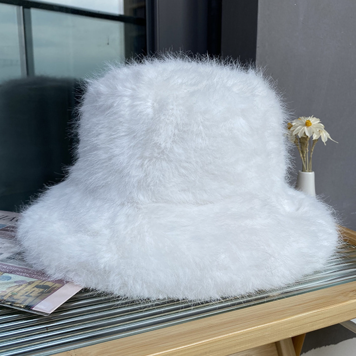 Plush Faux-Fur Bucket Hat with Rounded Crown and Soft Brim