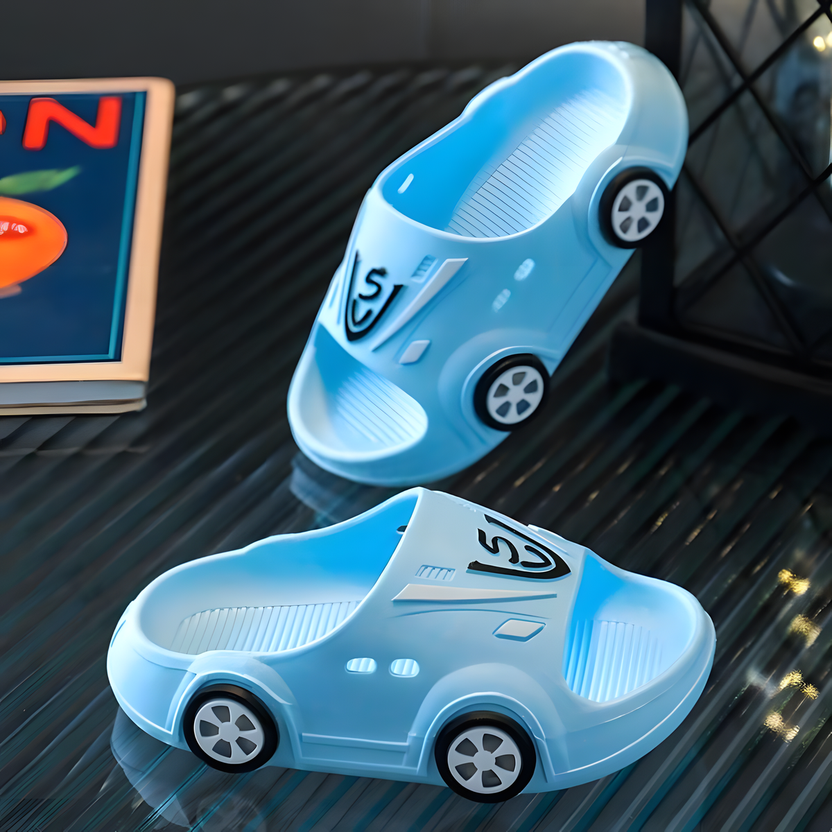Kids' Light-Up Car Slippers with Open Toes and Wheel Details