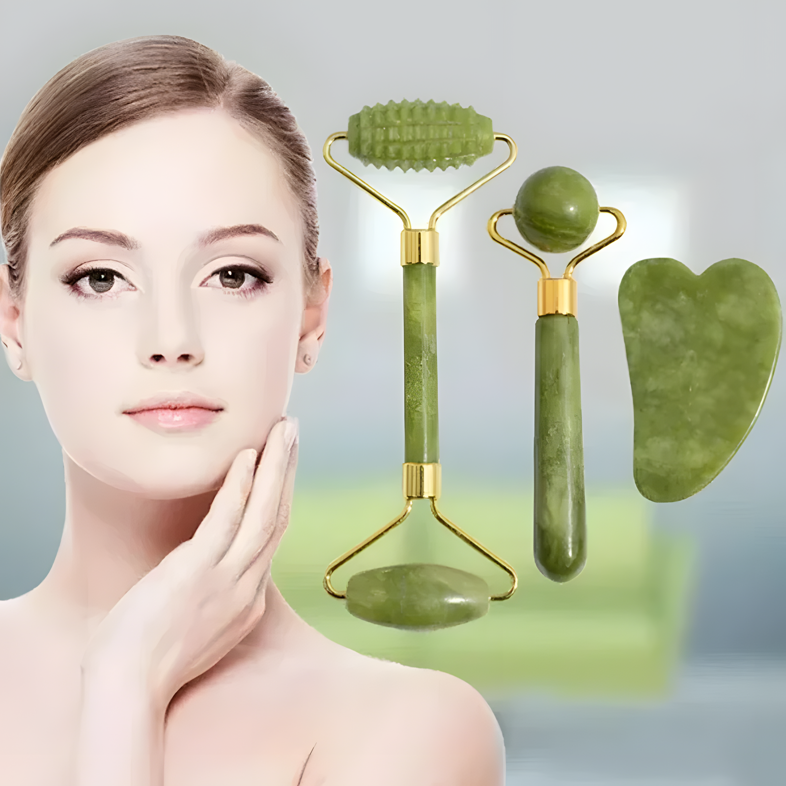 Jade Roller & Gua Sha Set - Green Stone Face Massager