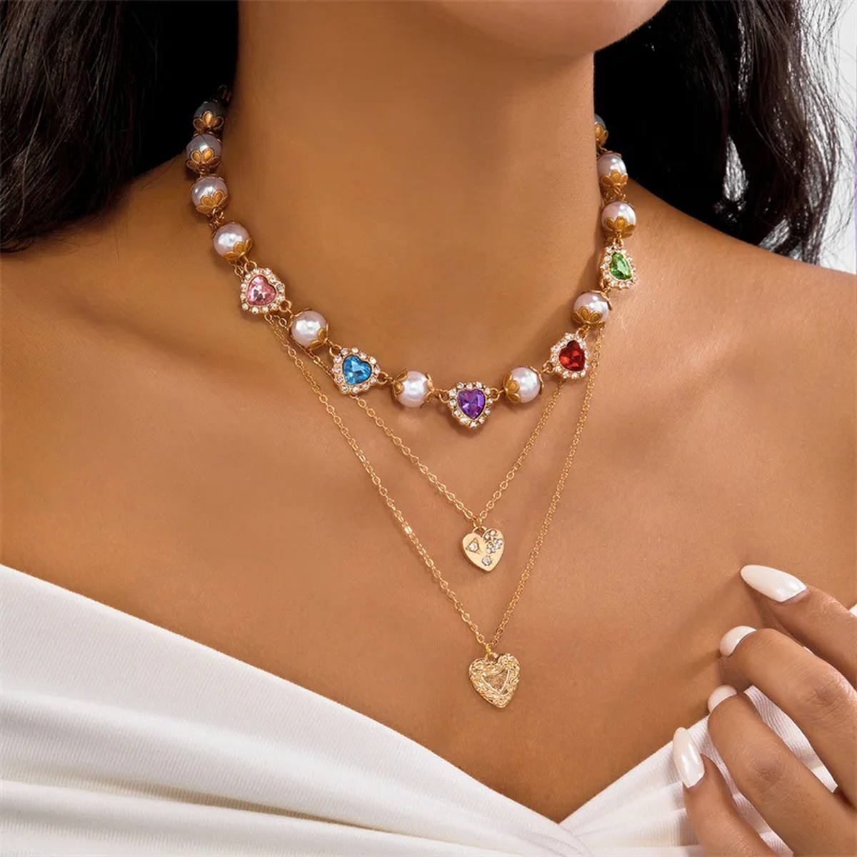 Colorful Heart and Pearl-Style Necklace with Fine Chain