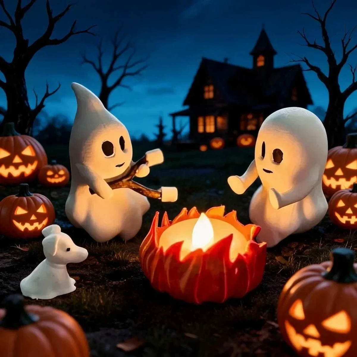 Light-Up Halloween Ghost Figurine Scene with Pumpkin Glow