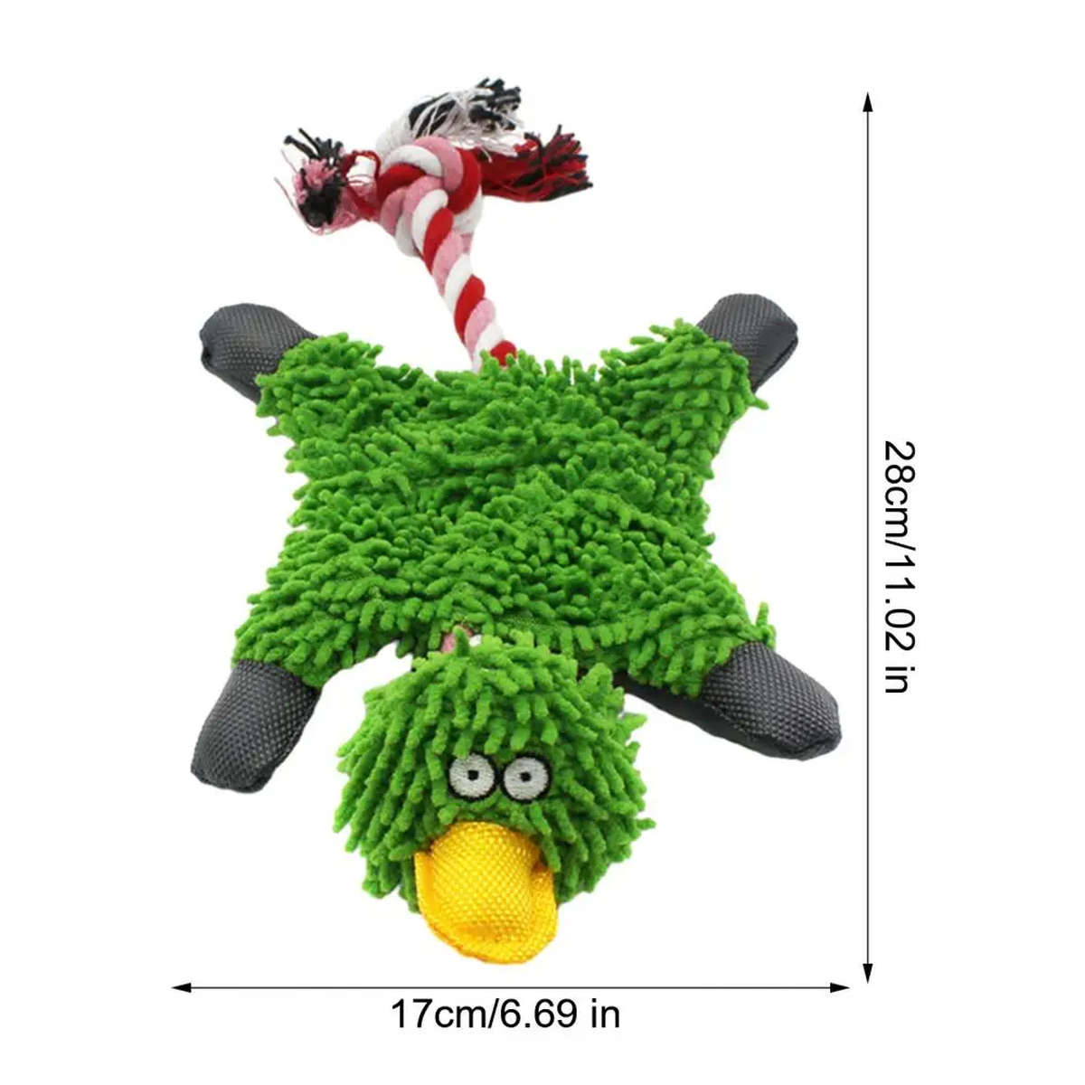 Green Chenille Duck Dog Toy with Knotted Rope Tail, 28 x 17 cm