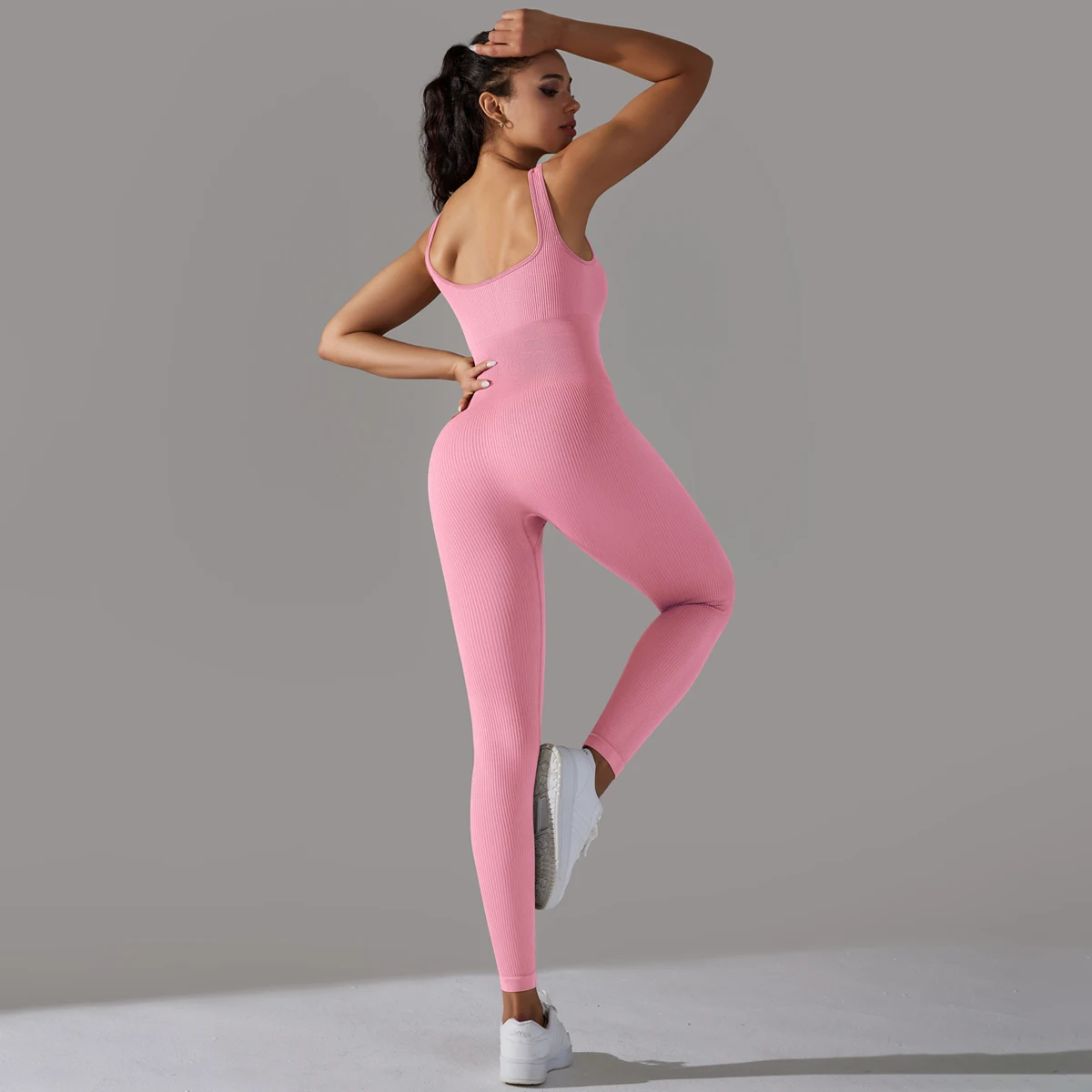 Women's Ribbed Workout Bodysuit with Scoop Neck and Long Legs