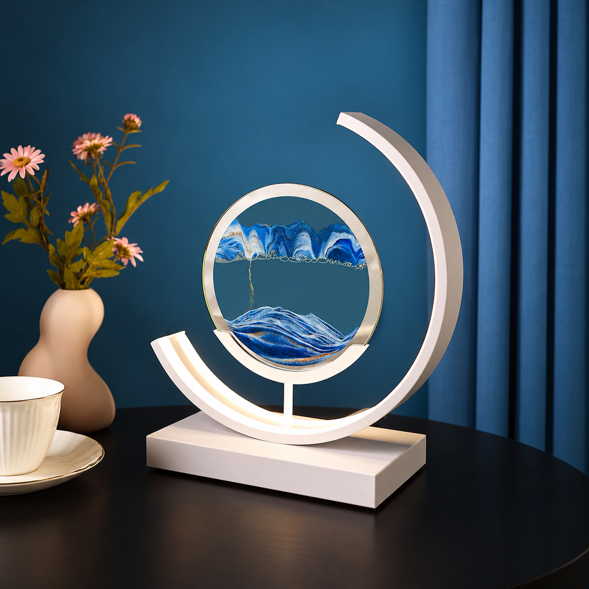 Illuminated Moving Sand Art Frame with Crescent Table Base