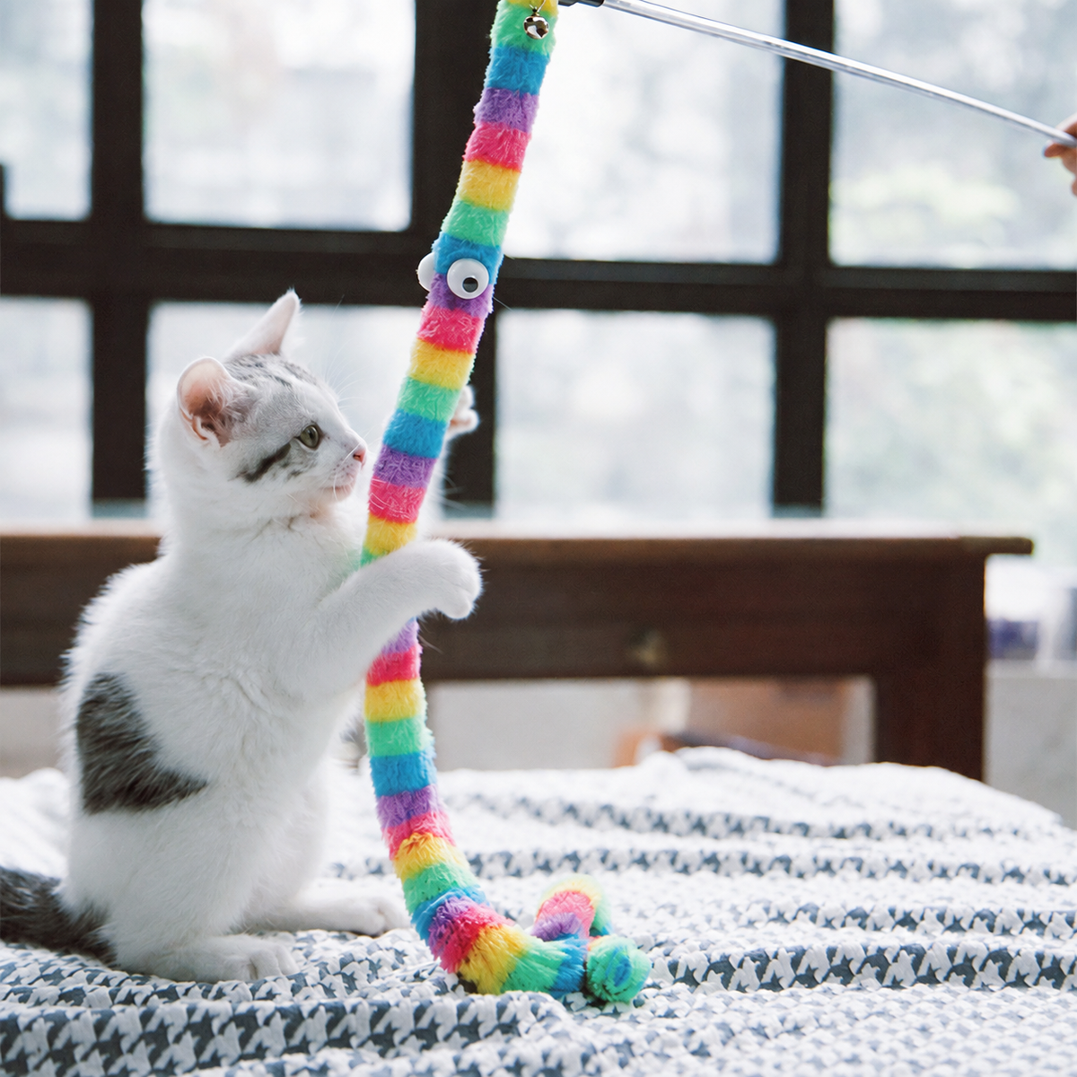 Plush Caterpillar Cat Teaser Wand with Bell for Shared Play