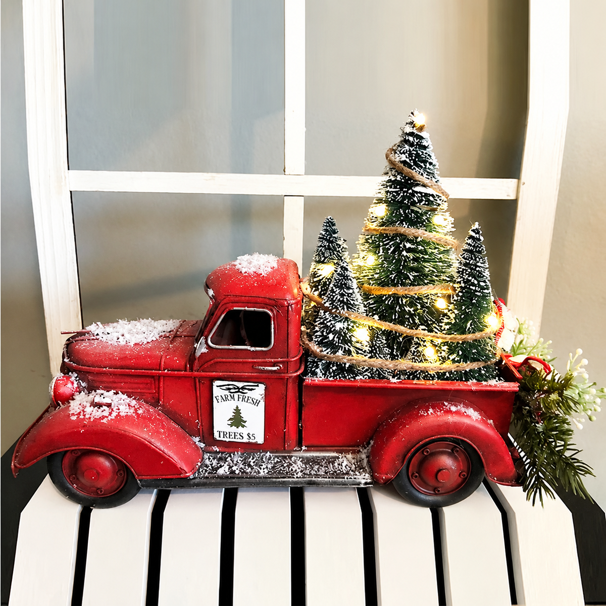 Red Christmas Pickup Truck Ornament with Miniature Trees